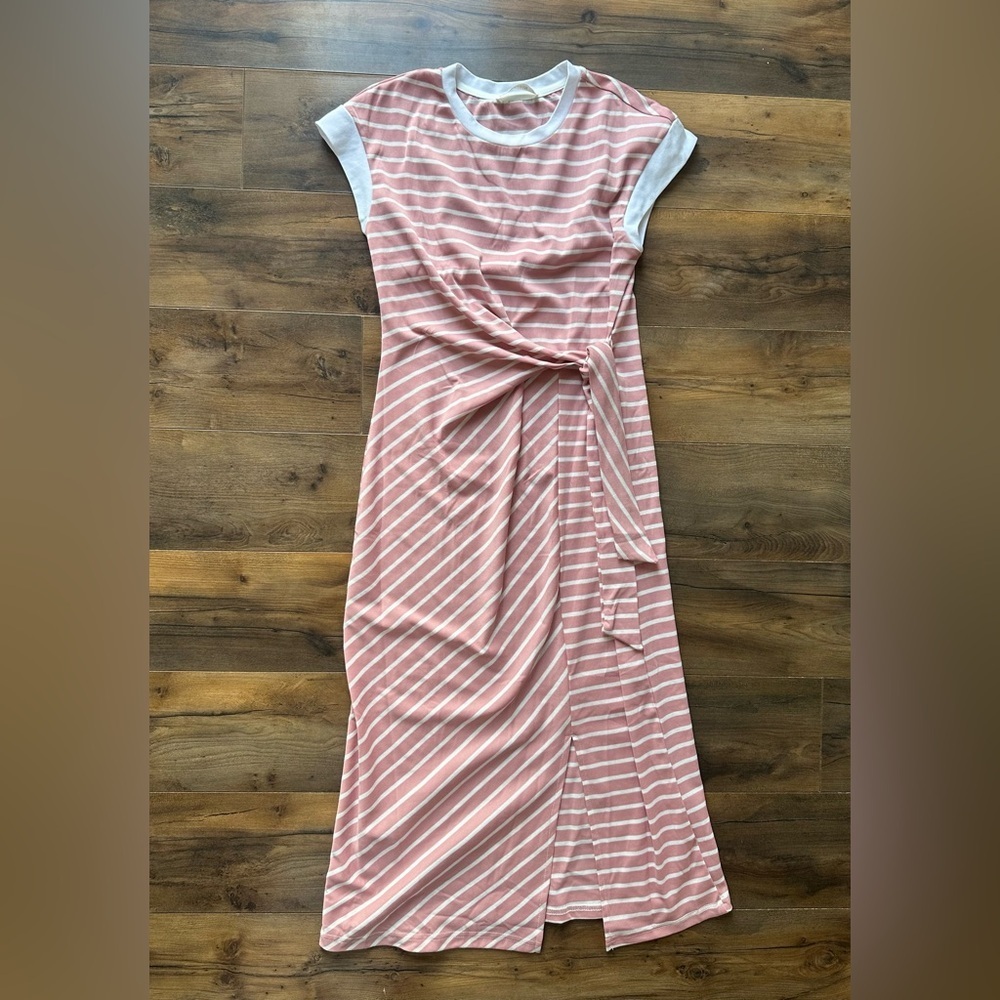 Grace Karin Pink Striped Wrap Dress S Tie Waist Casual Midi Summer